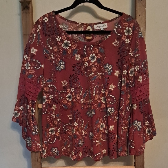 Burgundy Relaxed Blouse with 3/4 Bell Sleeves and Floral Print - Picture 1 of 6